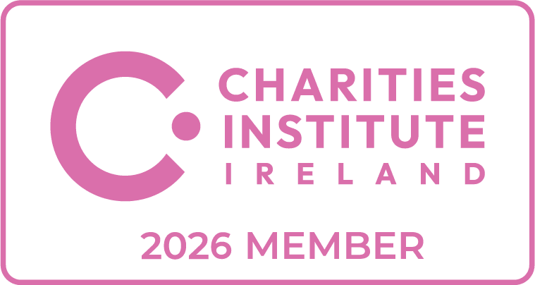 Rectangular badge with a pink border, featuring the Charities Institute Ireland logo and text reading Charities Institute Ireland 2026 Member in pink on a white background.