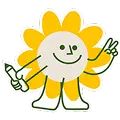 A cartoon yellow flower with a smiling face, holding a pencil in one hand and making a peace sign with the other. The whimsical, upright flower radiates joy, inspired by Sunflower Children’s Hospice.