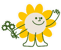 Cartoon character with a round beige face, yellow flower petals around its head—just like the Sunflower Children's Hospice logo—green stick-figure arms and legs, holding a bunch of flowers in one hand and waving with the other.